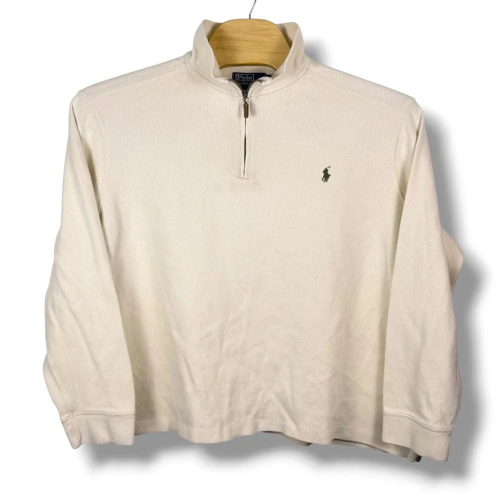 Polo Ralph Lauren Quarter Zip Mens XXL Cream Ribbed Pullover Sweater Green Pony